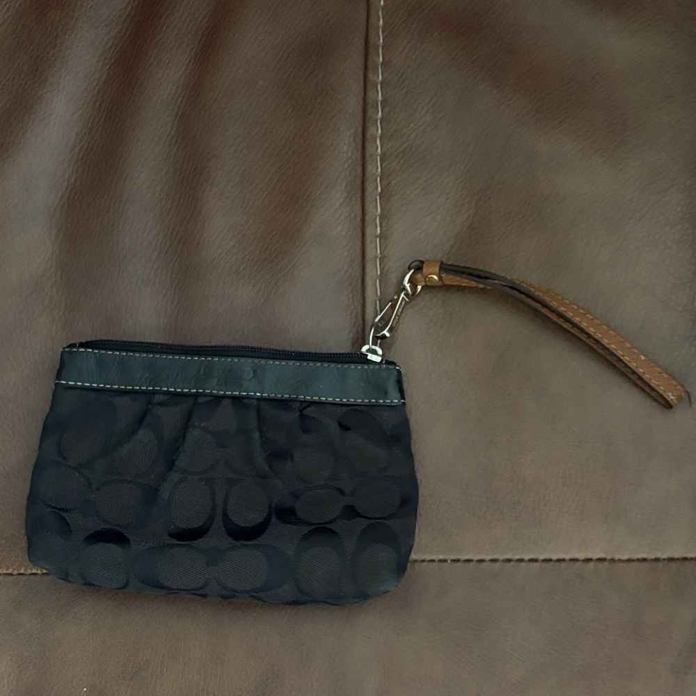 Coach Black Signature Jacquard Wristlet with Brown Leather Strap